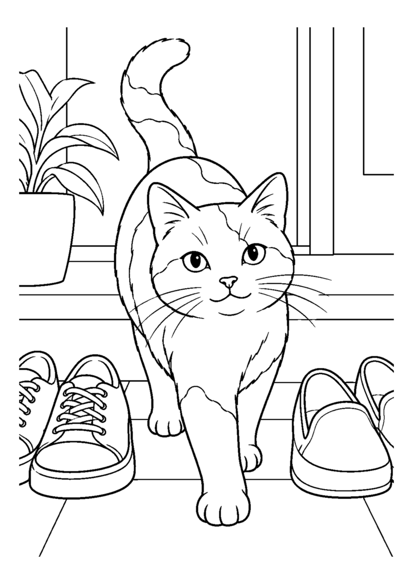 玄関の靴の間を歩く猫を大きく描いた高齢者向けの白黒塗り絵