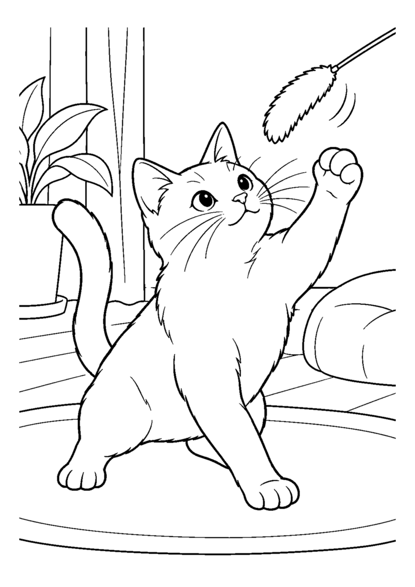猫じゃらしを追う猫を大きく描いた高齢者向けの白黒塗り絵