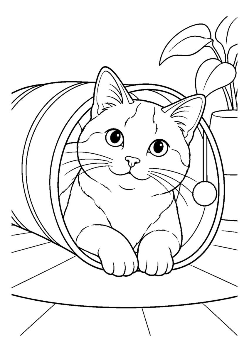 猫用トンネルから顔を出すを大きく描いた高齢者向けの白黒塗り絵