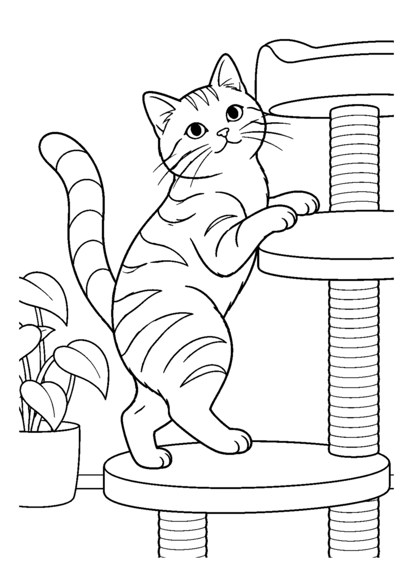 キャットタワーを登る猫を大きく描いた高齢者向けの白黒塗り絵