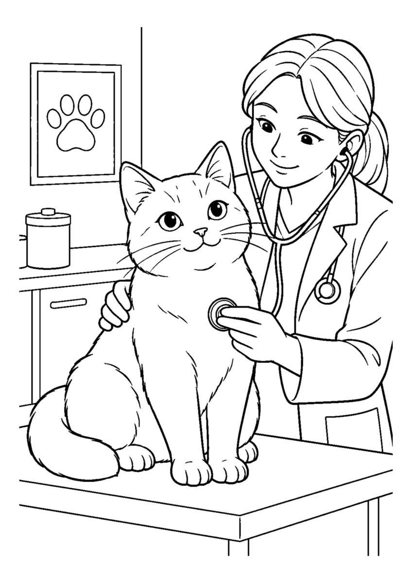 動物病院で診てもらう猫を大きく描いた高齢者向けの白黒塗り絵