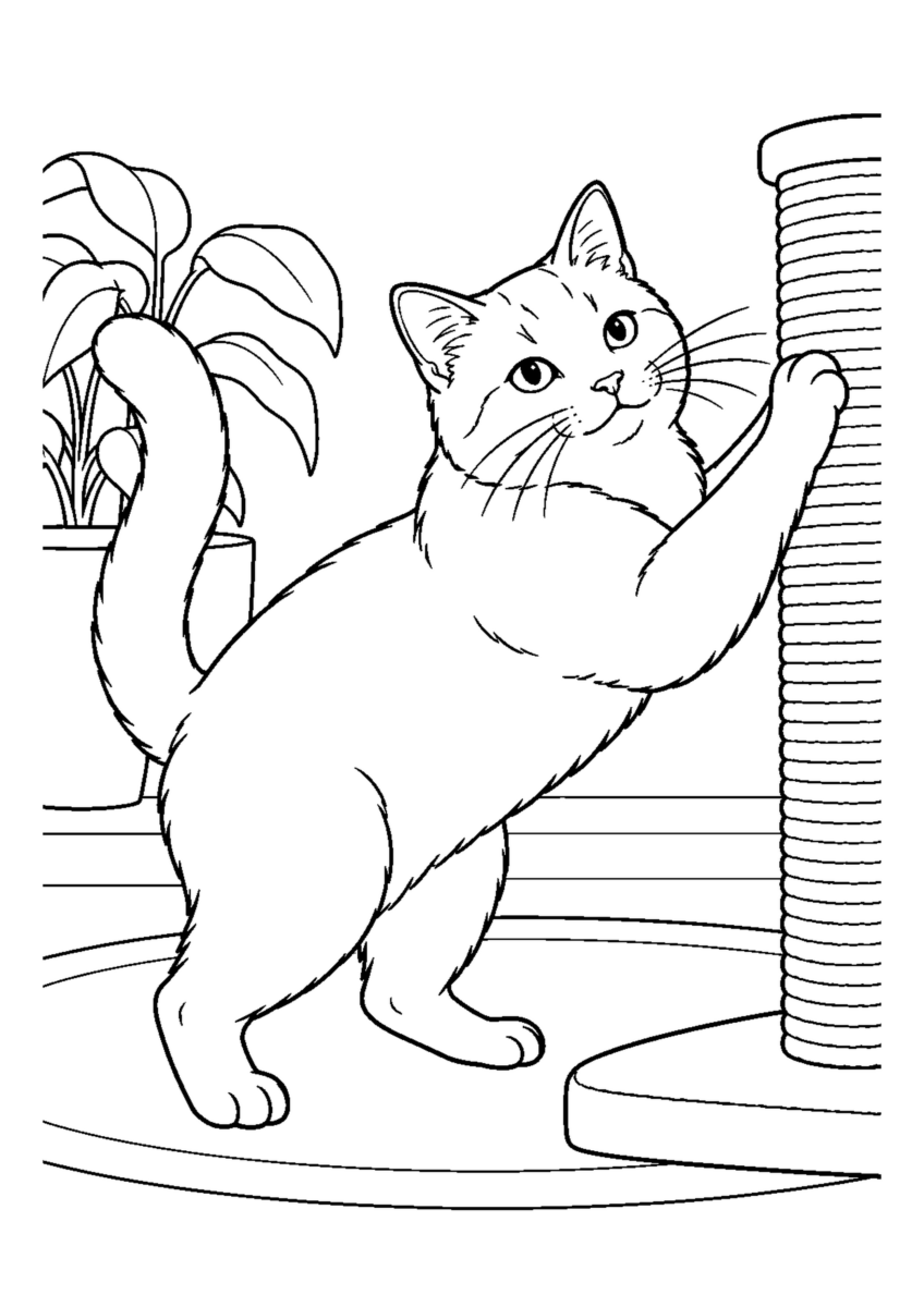 爪とぎをする猫を大きく描いた高齢者向けの白黒塗り絵