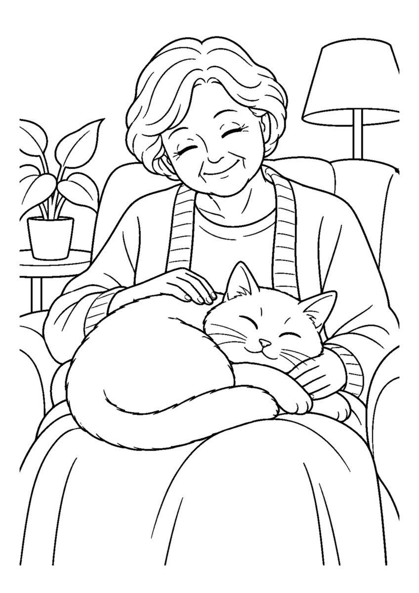 家族の膝で丸くなる猫を大きく描いた高齢者向けの白黒塗り絵