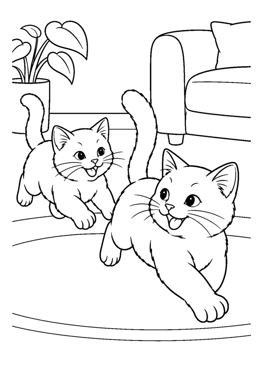 追いかけっこをする兄弟猫を大きく描いた高齢者向けの白黒塗り絵