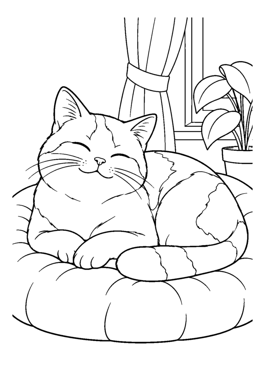 クッションで休む老猫を大きく描いた高齢者向けの白黒塗り絵