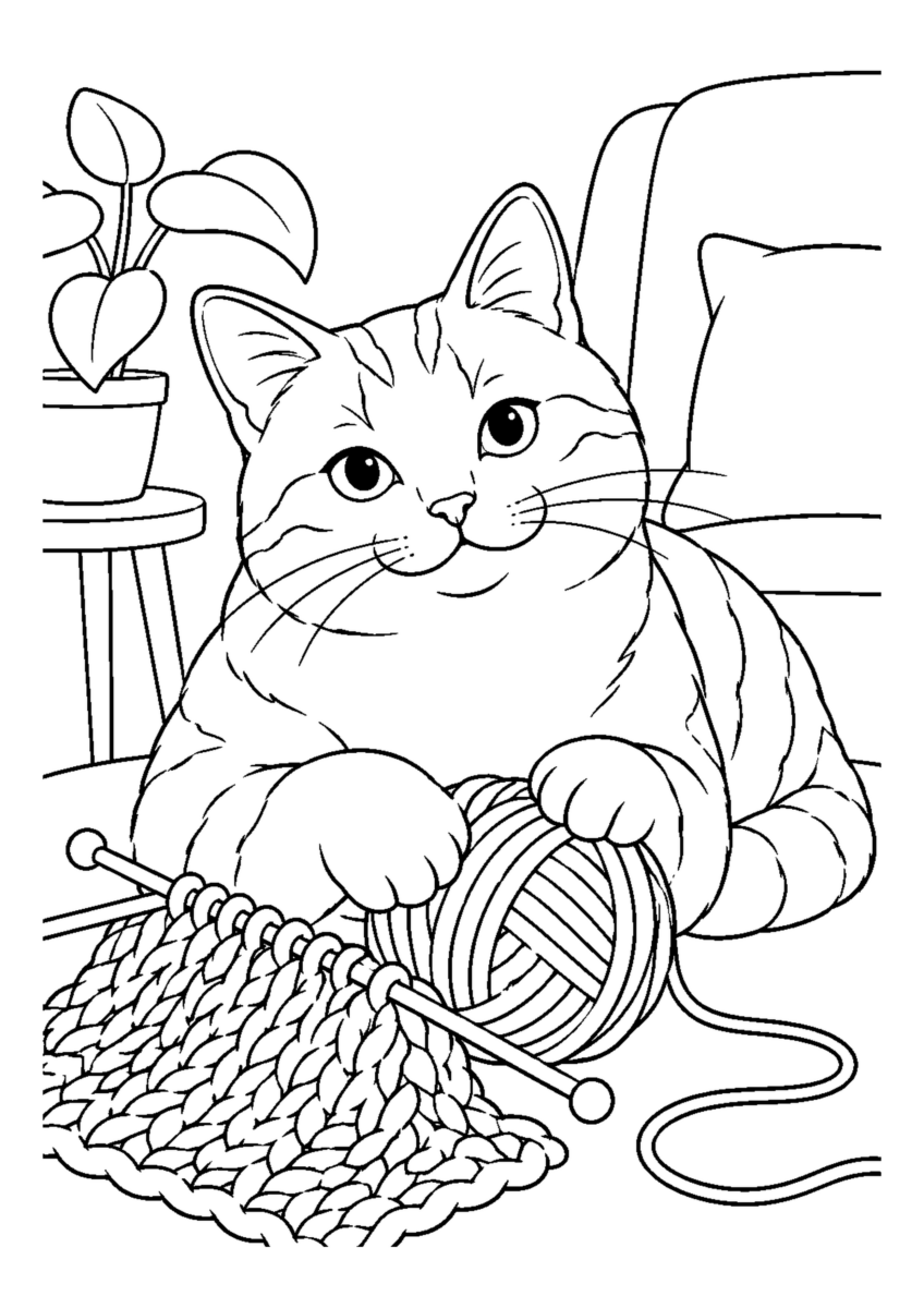 編み物を見守る猫を大きく描いた高齢者向けの白黒塗り絵