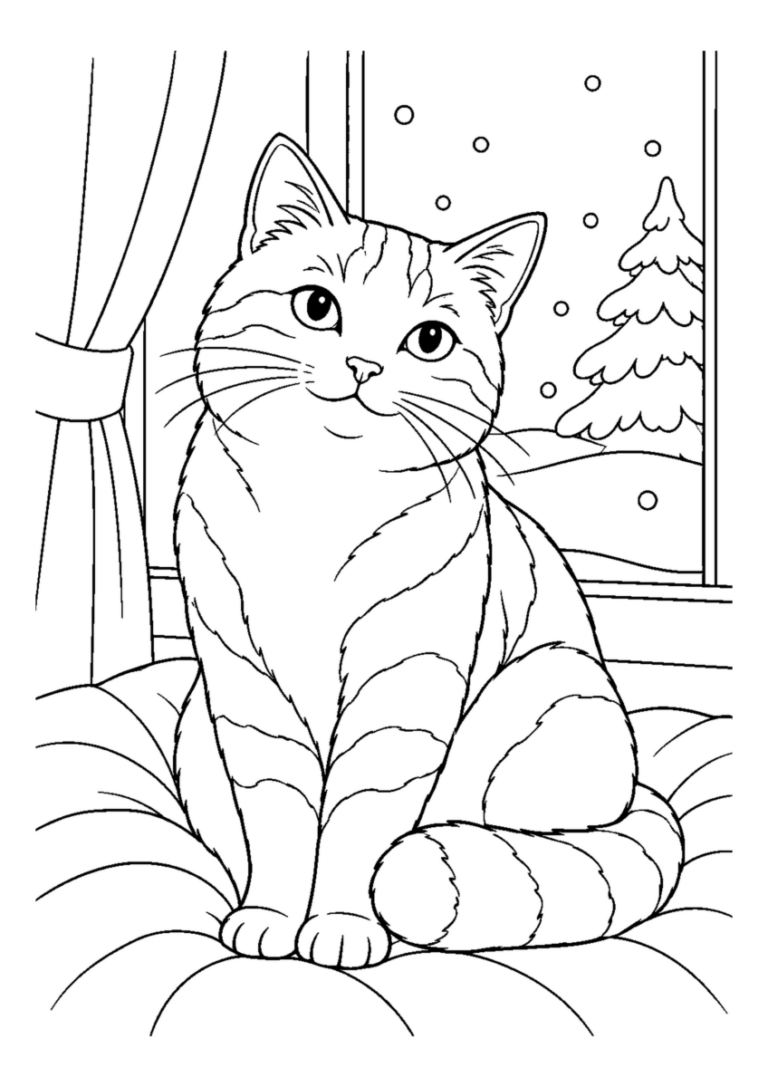 雪の窓辺の猫を大きく描いた高齢者向けの白黒塗り絵