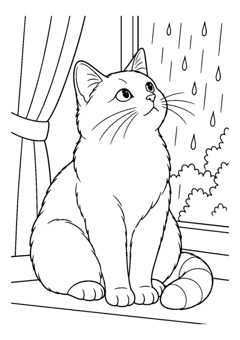 雨粒を見る猫を大きく描いた高齢者向けの白黒塗り絵