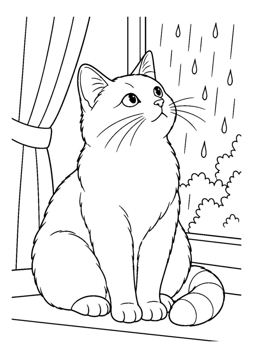 雨粒を見る猫を大きく描いた高齢者向けの白黒塗り絵