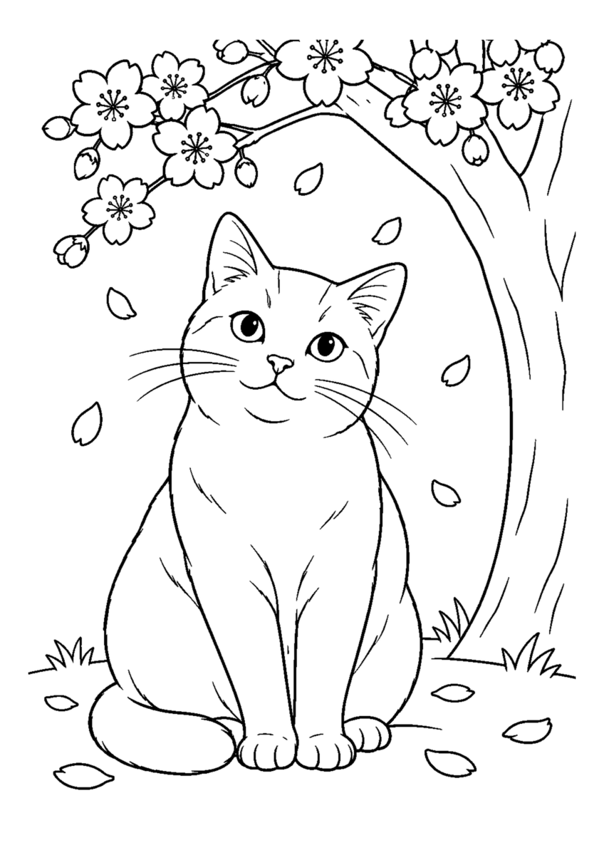 桜の木の下の猫を大きく描いた高齢者向けの白黒塗り絵