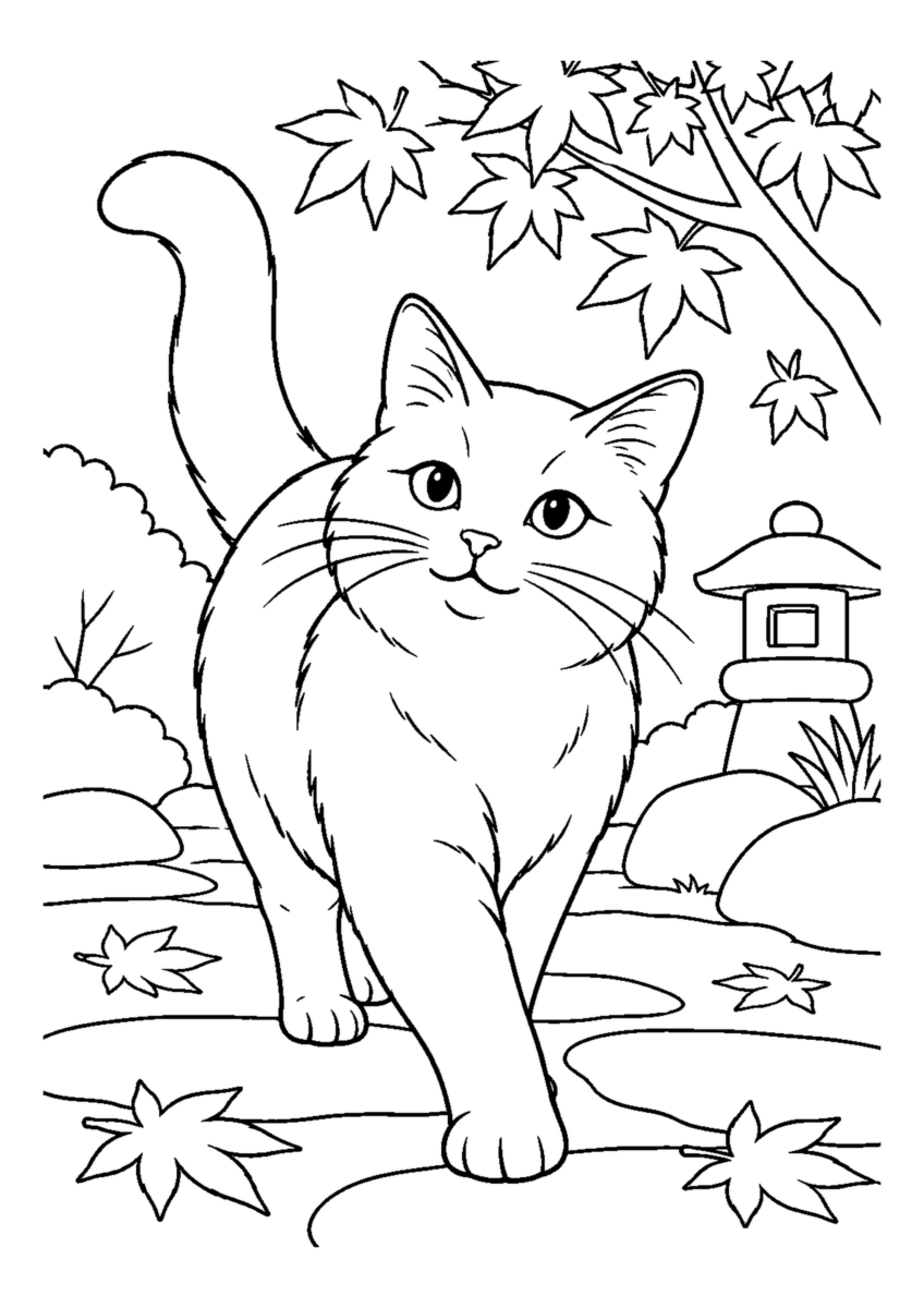 紅葉の庭を歩く猫を大きく描いた高齢者向けの白黒塗り絵