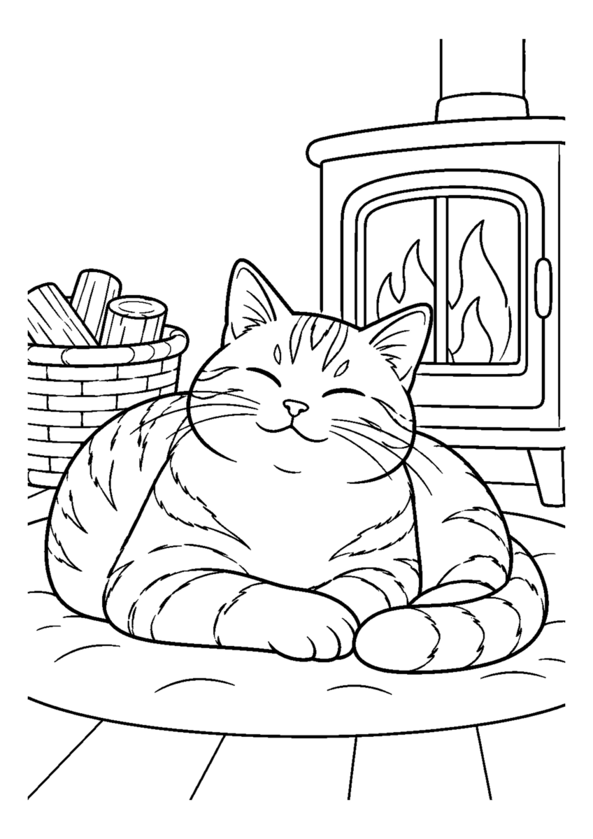 ストーブの前の猫を大きく描いた高齢者向けの白黒塗り絵