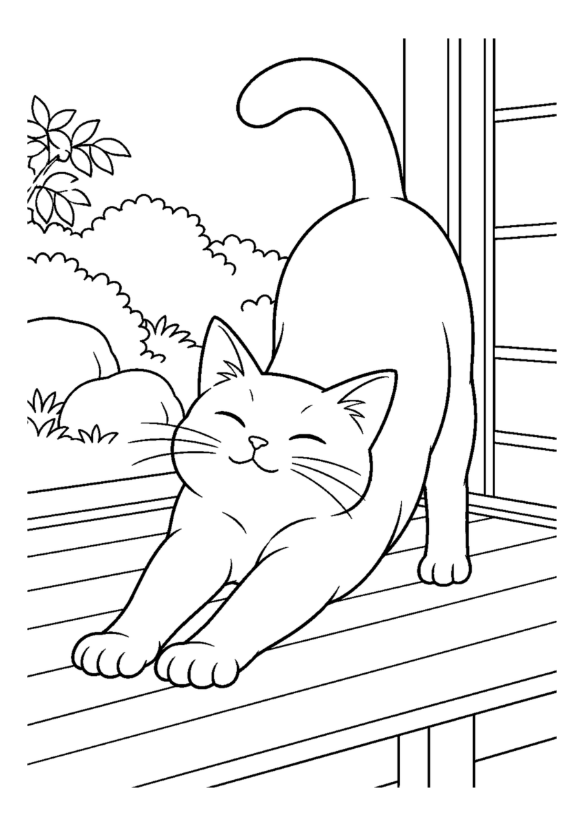 縁側で伸びをする猫を大きく描いた高齢者向けの白黒塗り絵
