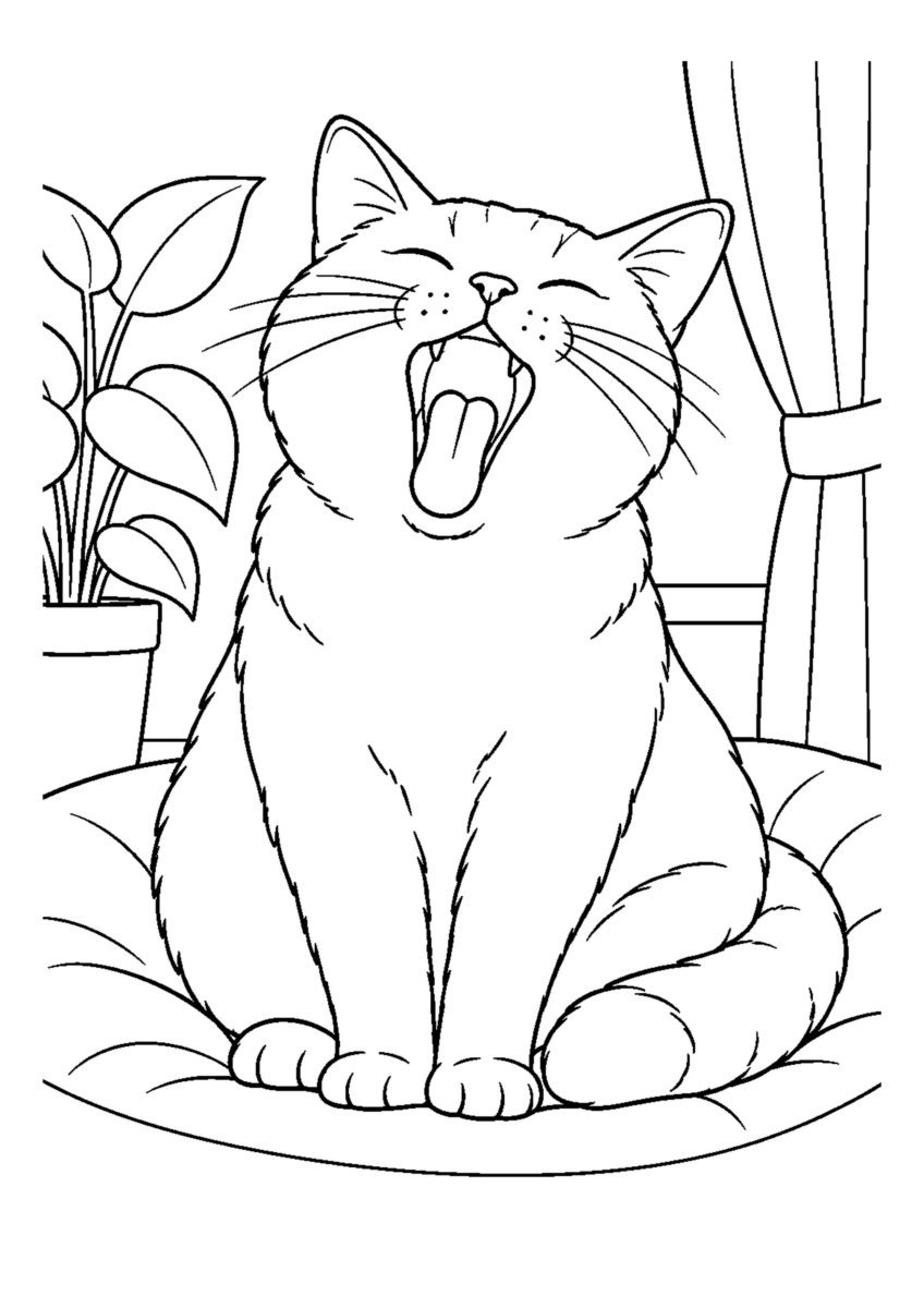 大きなあくびをする猫を大きく描いた高齢者向けの白黒塗り絵