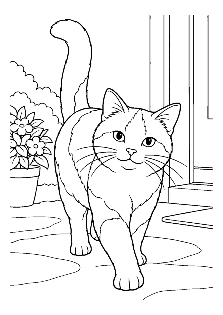 しっぽを立てて帰る猫を大きく描いた高齢者向けの白黒塗り絵