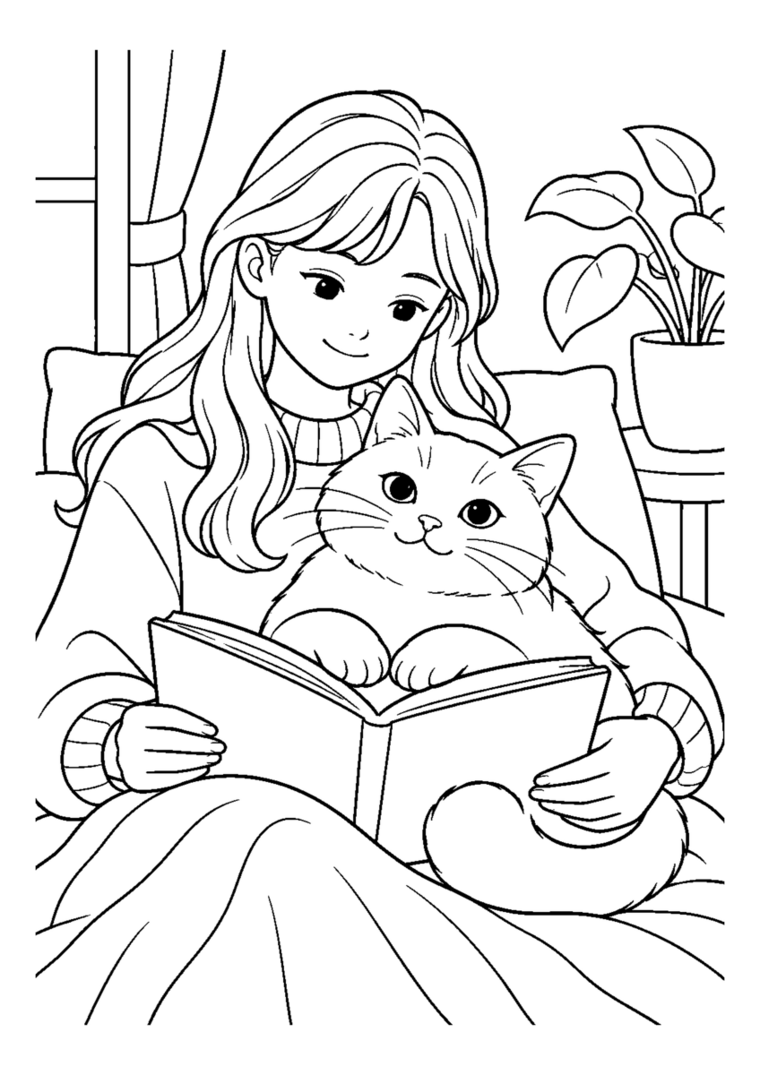 猫と一緒に本を読む少女を大きく描いた高齢者向けの白黒塗り絵