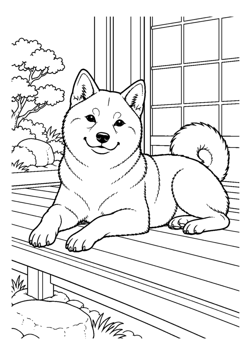 柴犬と縁側でひなたぼっこを大きく描いた高齢者向けの白黒塗り絵