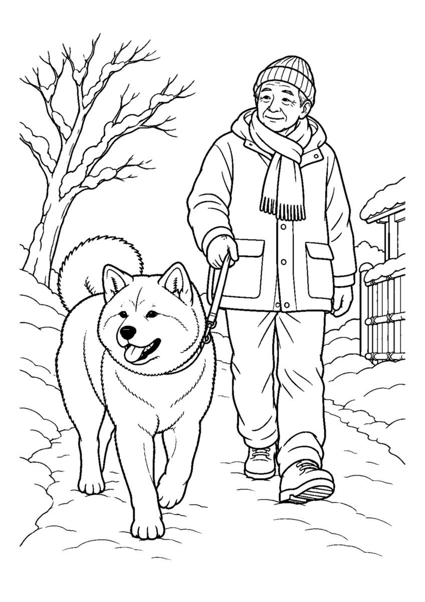 秋田犬と雪道を散歩を大きく描いた高齢者向けの白黒塗り絵