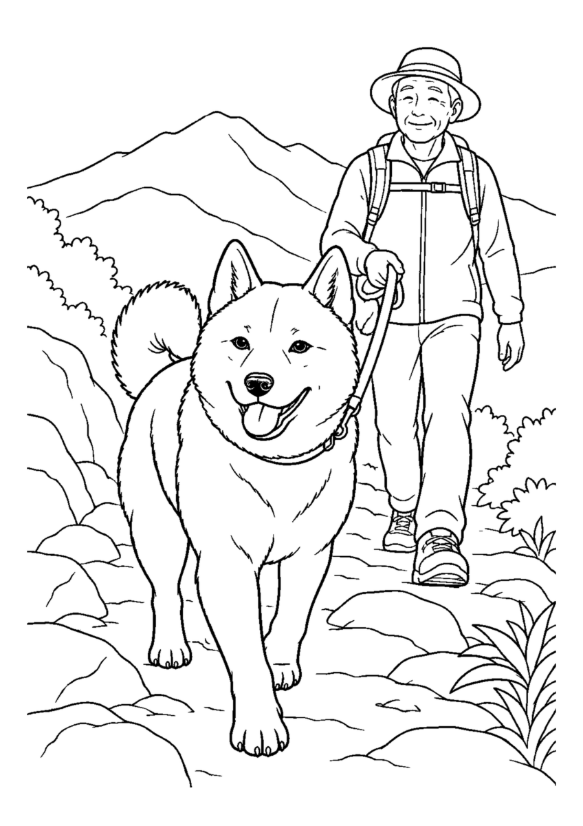 甲斐犬と山道を歩くを大きく描いた高齢者向けの白黒塗り絵
