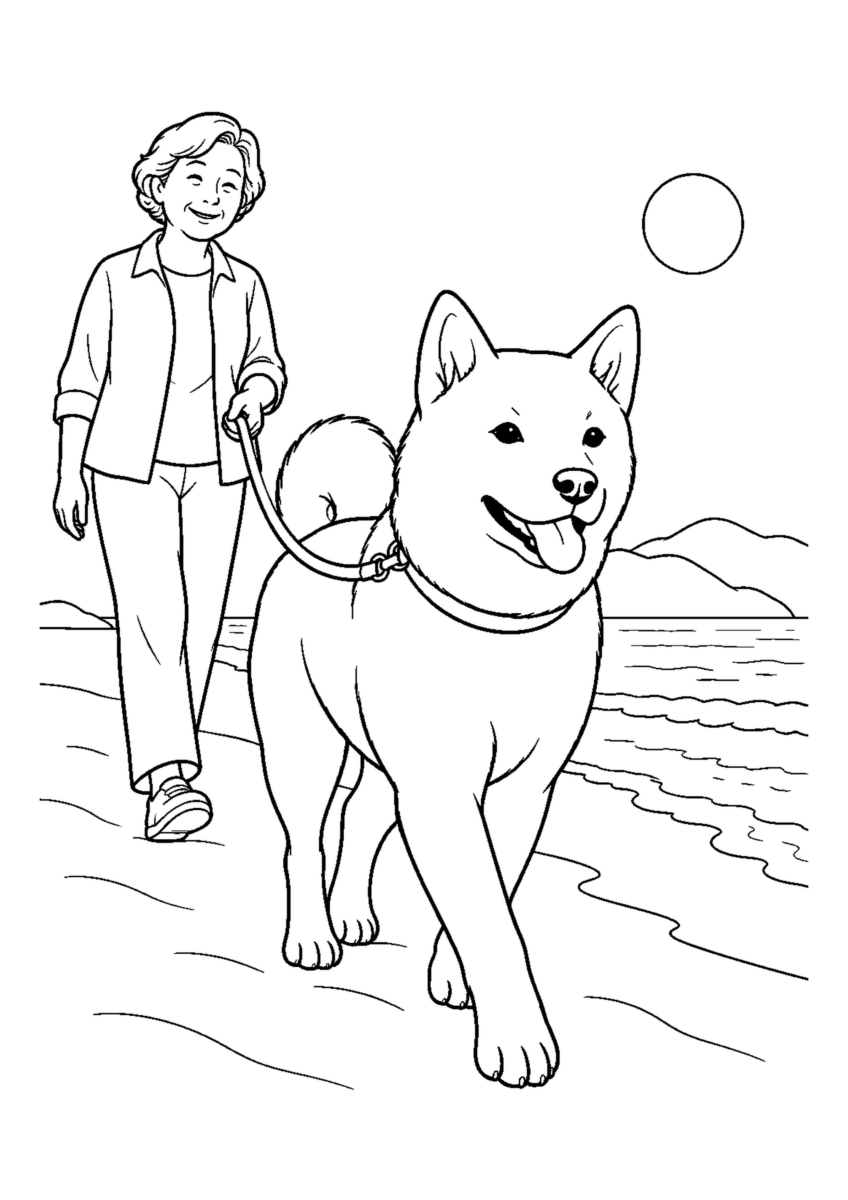 紀州犬と海辺を散歩を大きく描いた高齢者向けの白黒塗り絵