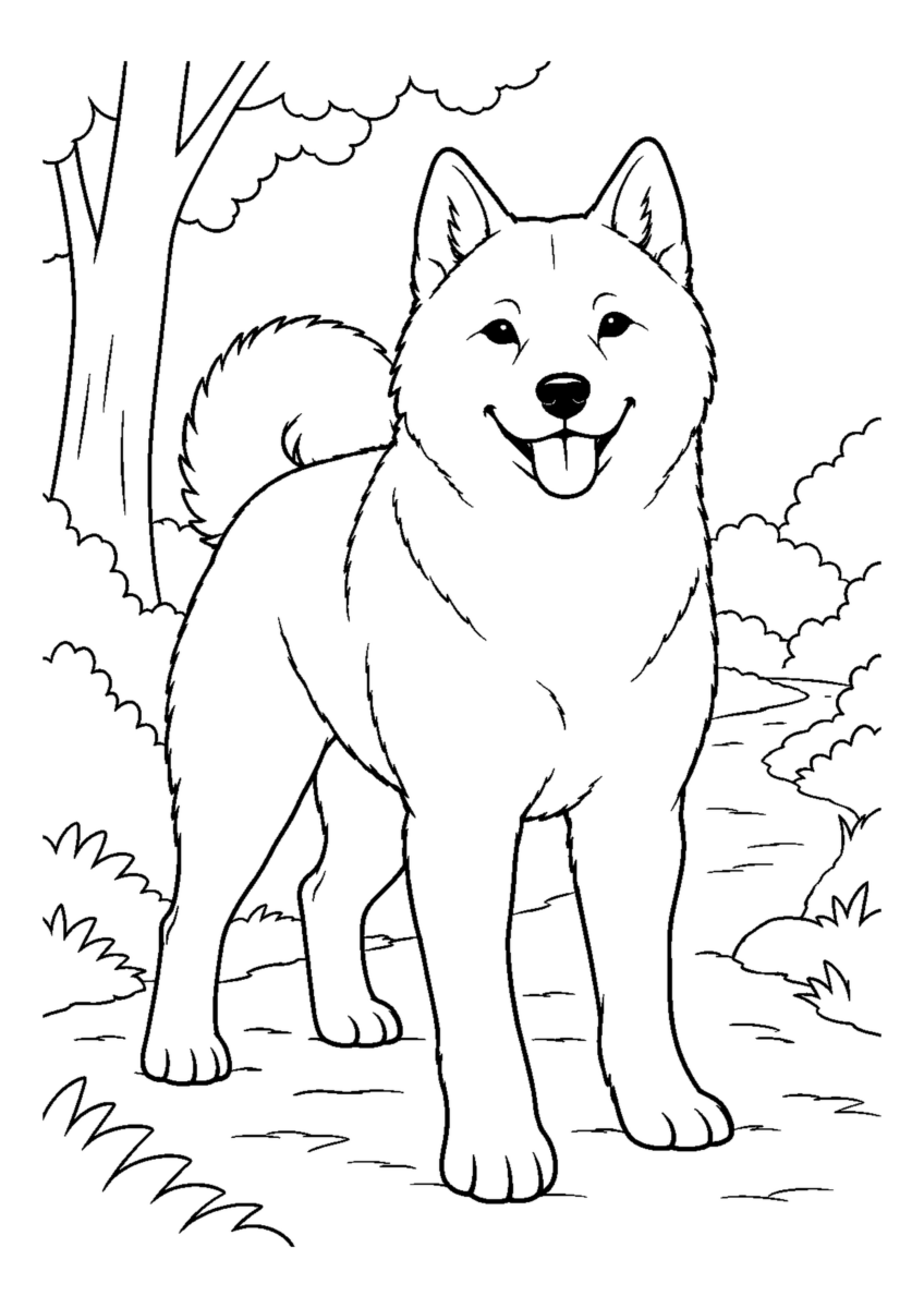 北海道犬と森の小道を大きく描いた高齢者向けの白黒塗り絵