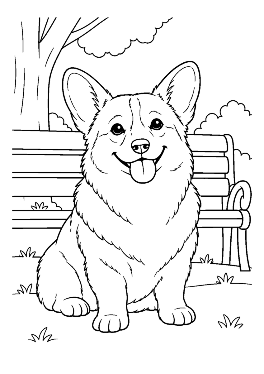 コーギーと公園のベンチを大きく描いた高齢者向けの白黒塗り絵