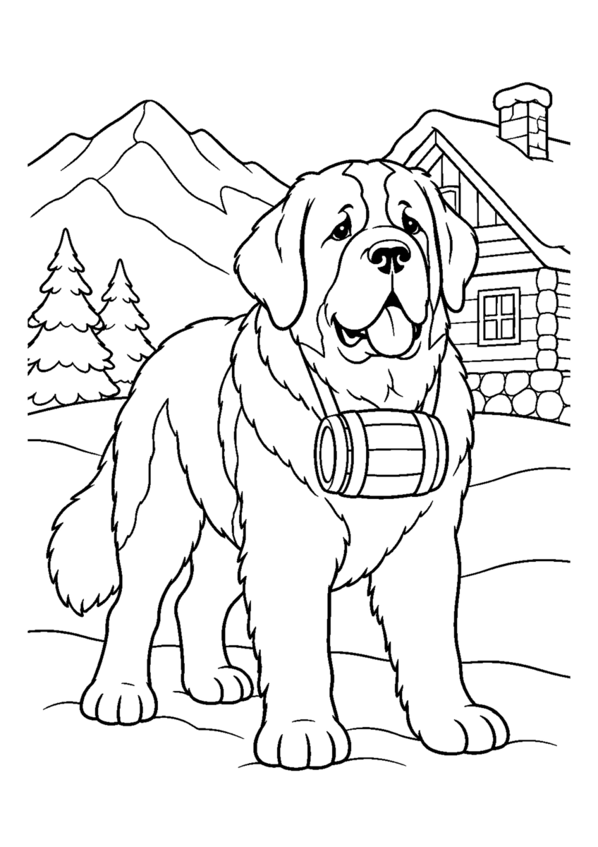 セントバーナードと山小屋を大きく描いた高齢者向けの白黒塗り絵