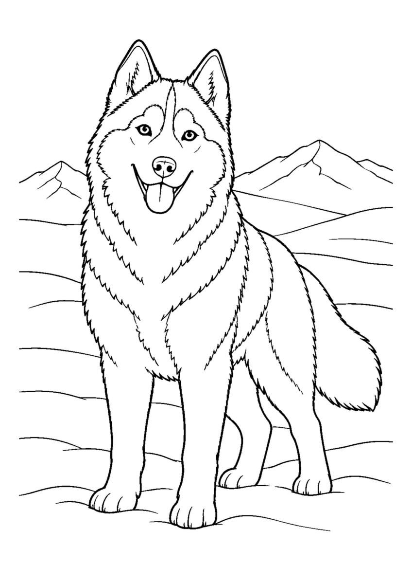 シベリアンハスキーと雪原を大きく描いた高齢者向けの白黒塗り絵