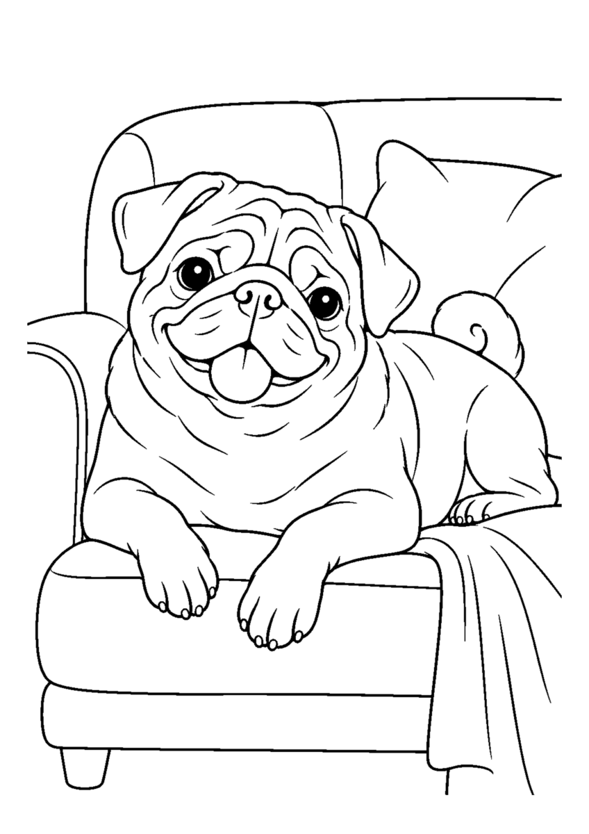 パグとソファでくつろぐを大きく描いた高齢者向けの白黒塗り絵