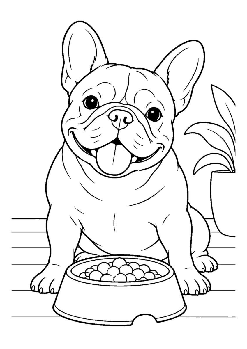 フレンチブルドッグの食事時間を大きく描いた高齢者向けの白黒塗り絵