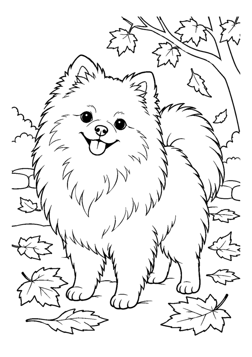 ポメラニアンと落ち葉の庭を大きく描いた高齢者向けの白黒塗り絵