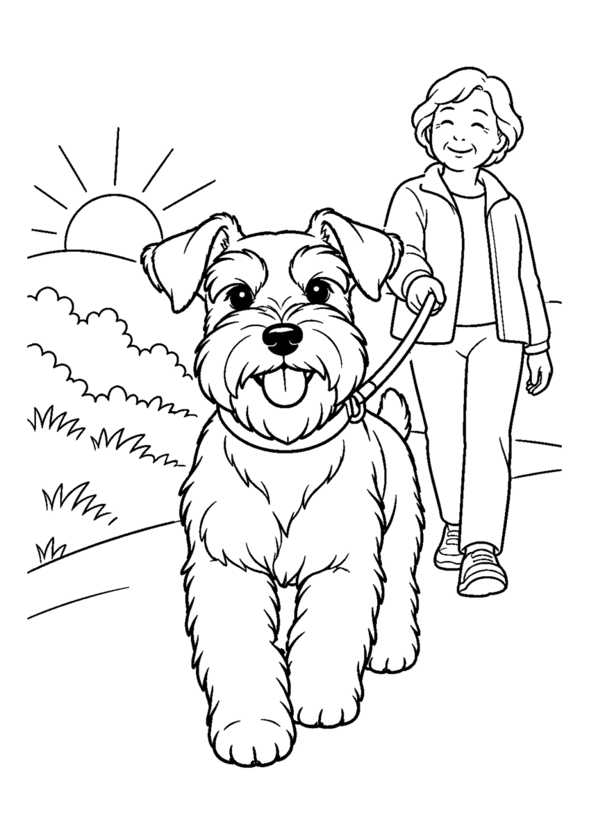 シュナウザーと朝の散歩を大きく描いた高齢者向けの白黒塗り絵