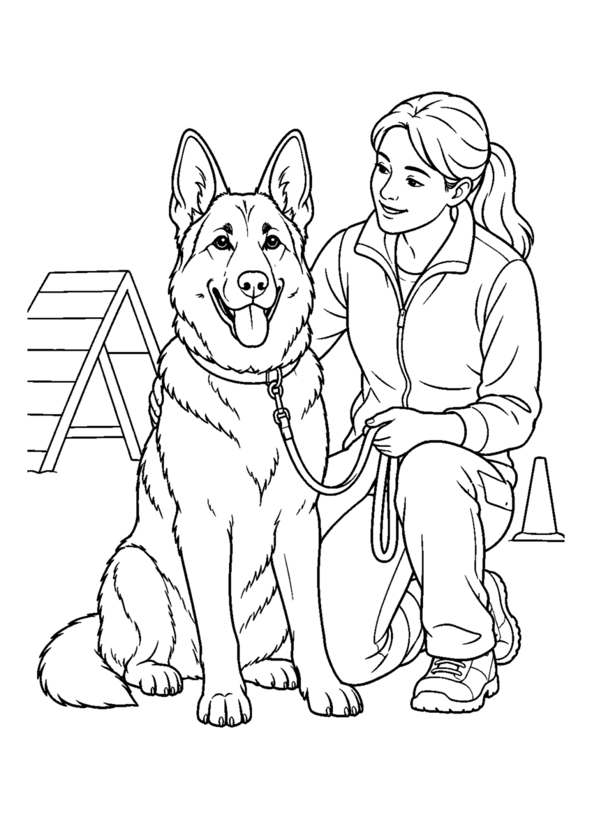 ジャーマンシェパードと訓練を大きく描いた高齢者向けの白黒塗り絵