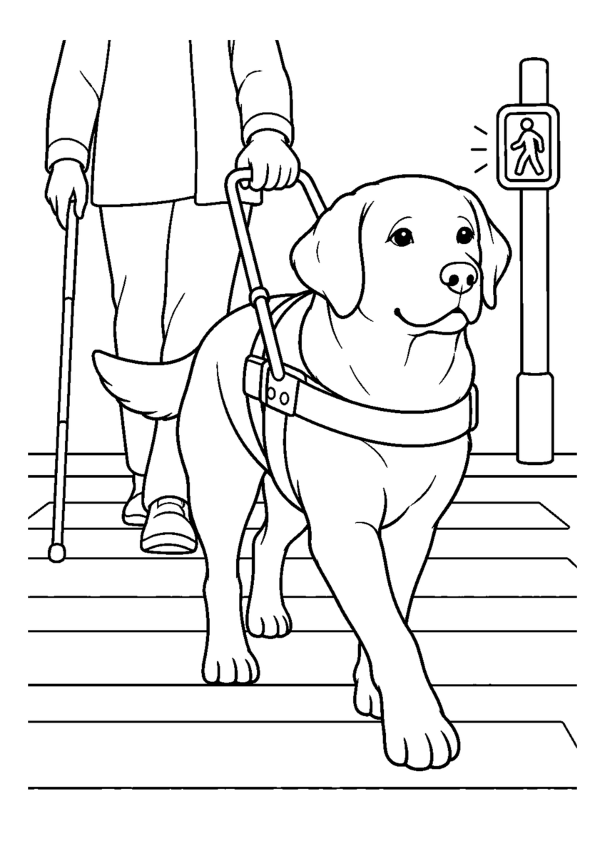 盲導犬と横断歩道を大きく描いた高齢者向けの白黒塗り絵