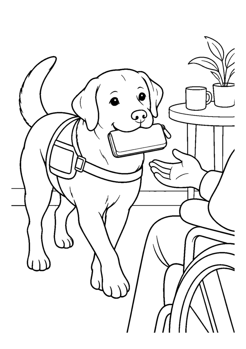 介助犬が物を届けるを大きく描いた高齢者向けの白黒塗り絵