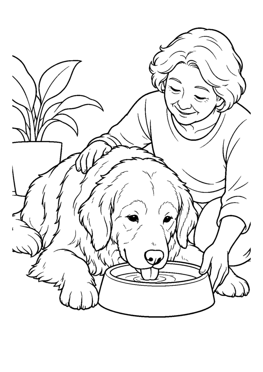 老犬に水をあげるを大きく描いた高齢者向けの白黒塗り絵