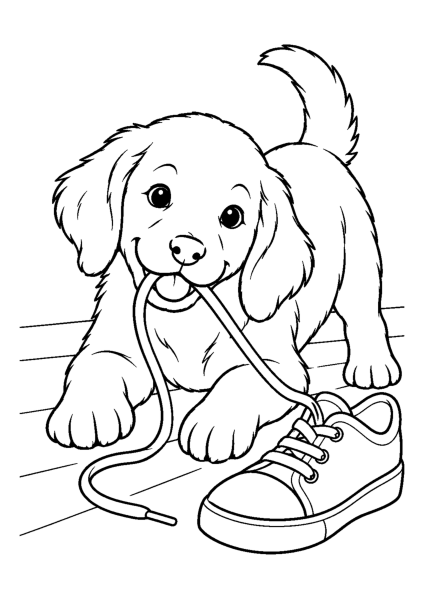 子犬が靴ひもで遊ぶを大きく描いた高齢者向けの白黒塗り絵