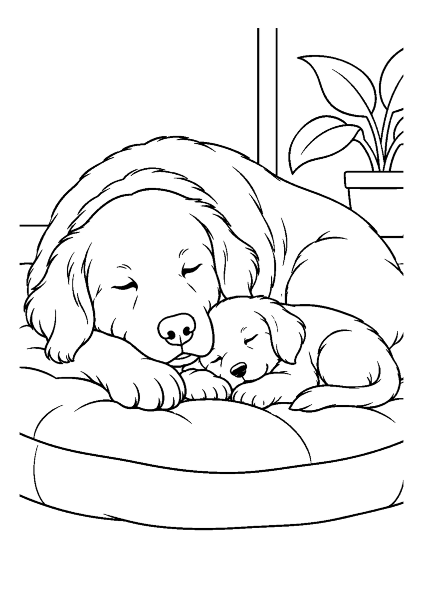 親犬と子犬の昼寝を大きく描いた高齢者向けの白黒塗り絵