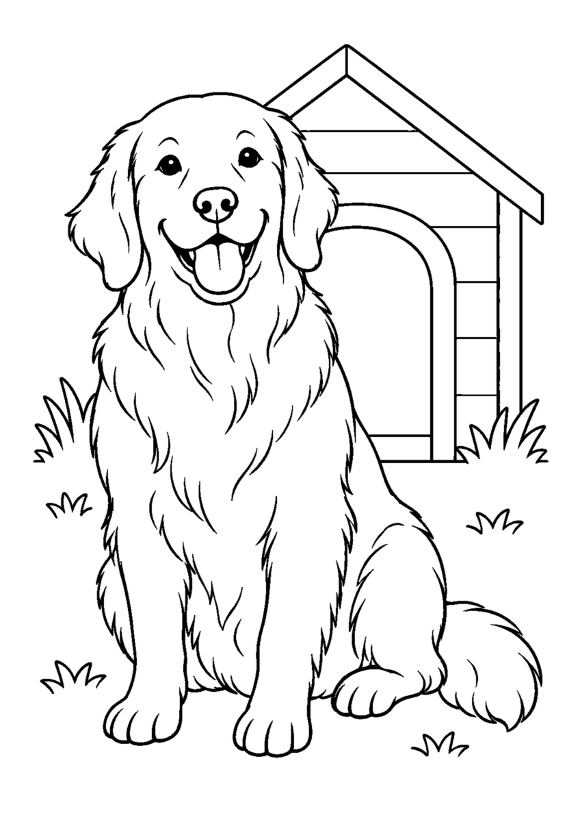 犬小屋の前でおすわりを大きく描いた高齢者向けの白黒塗り絵