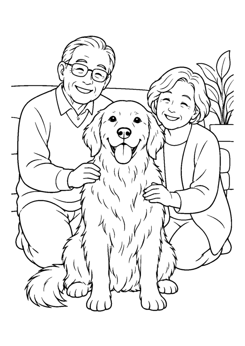 犬と家族写真を大きく描いた高齢者向けの白黒塗り絵