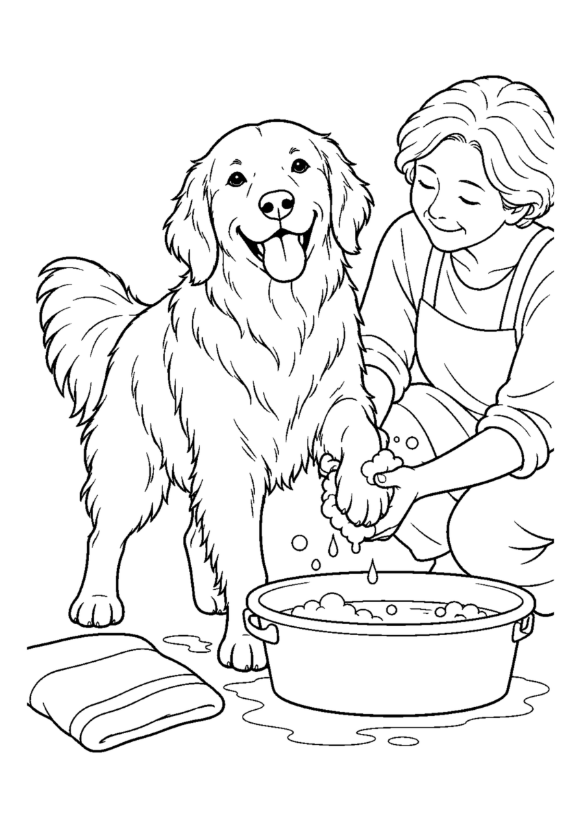 犬の足を洗うを大きく描いた高齢者向けの白黒塗り絵