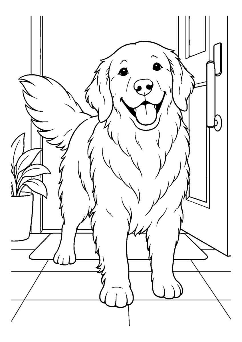犬と玄関でお出迎えを大きく描いた高齢者向けの白黒塗り絵