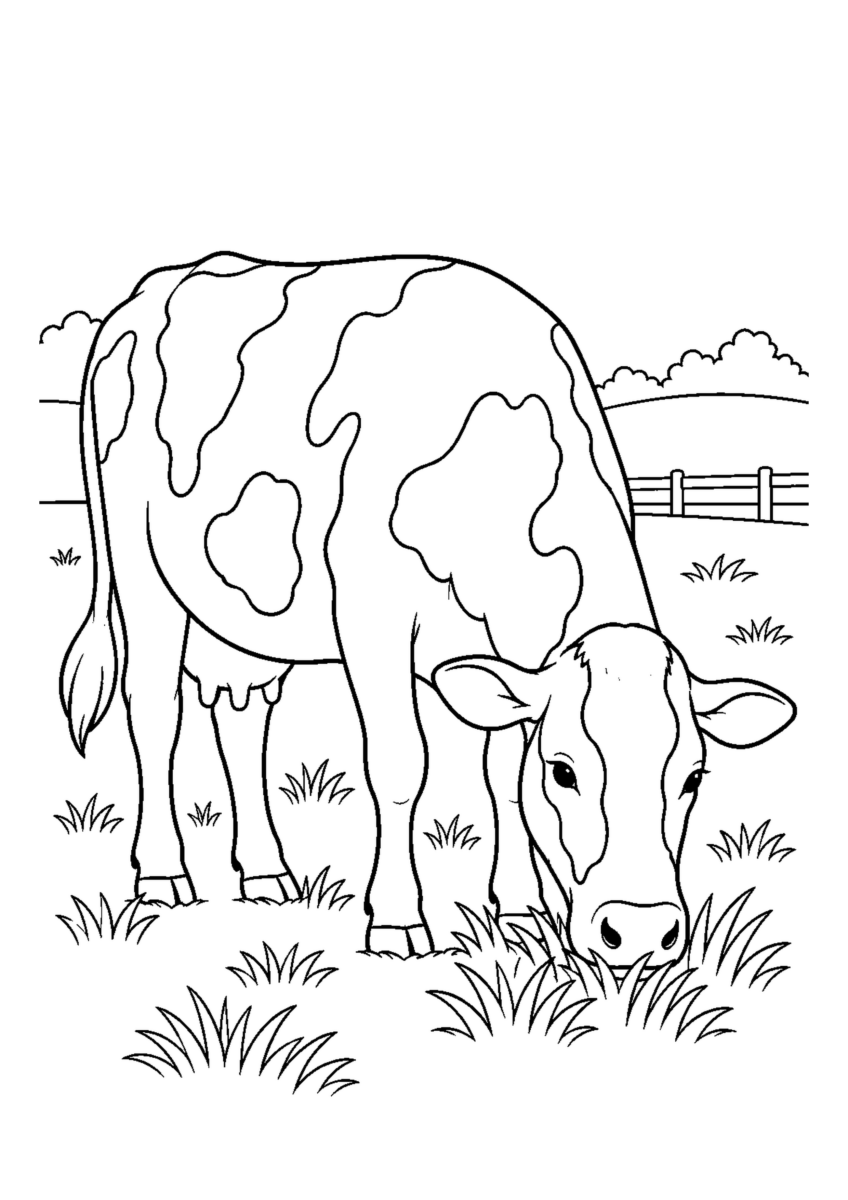 牧草を食べるホルスタイン牛を大きく描いた高齢者向けの白黒塗り絵