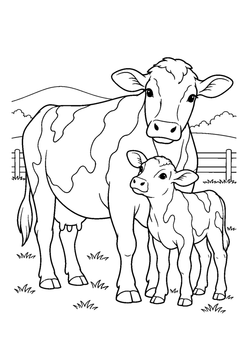 母牛と子牛を大きく描いた高齢者向けの白黒塗り絵