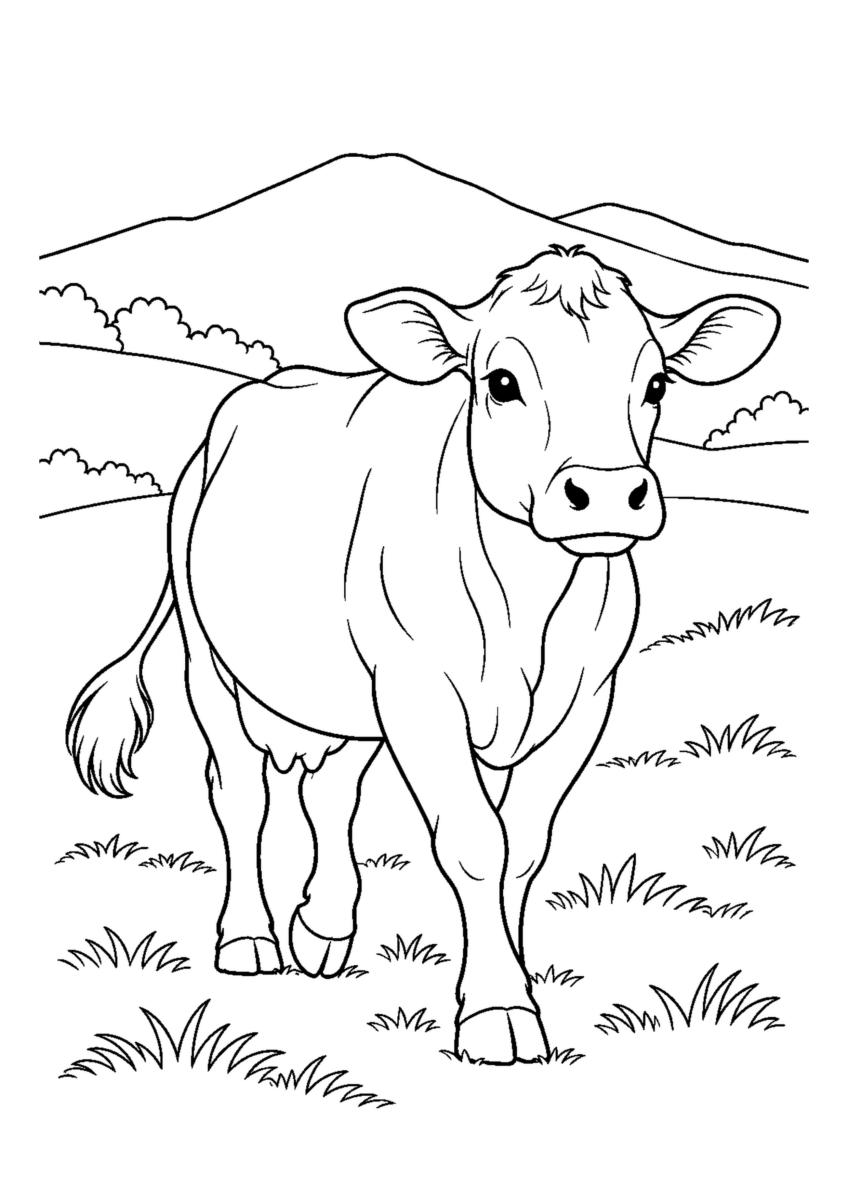 高原を歩くジャージー牛を大きく描いた高齢者向けの白黒塗り絵