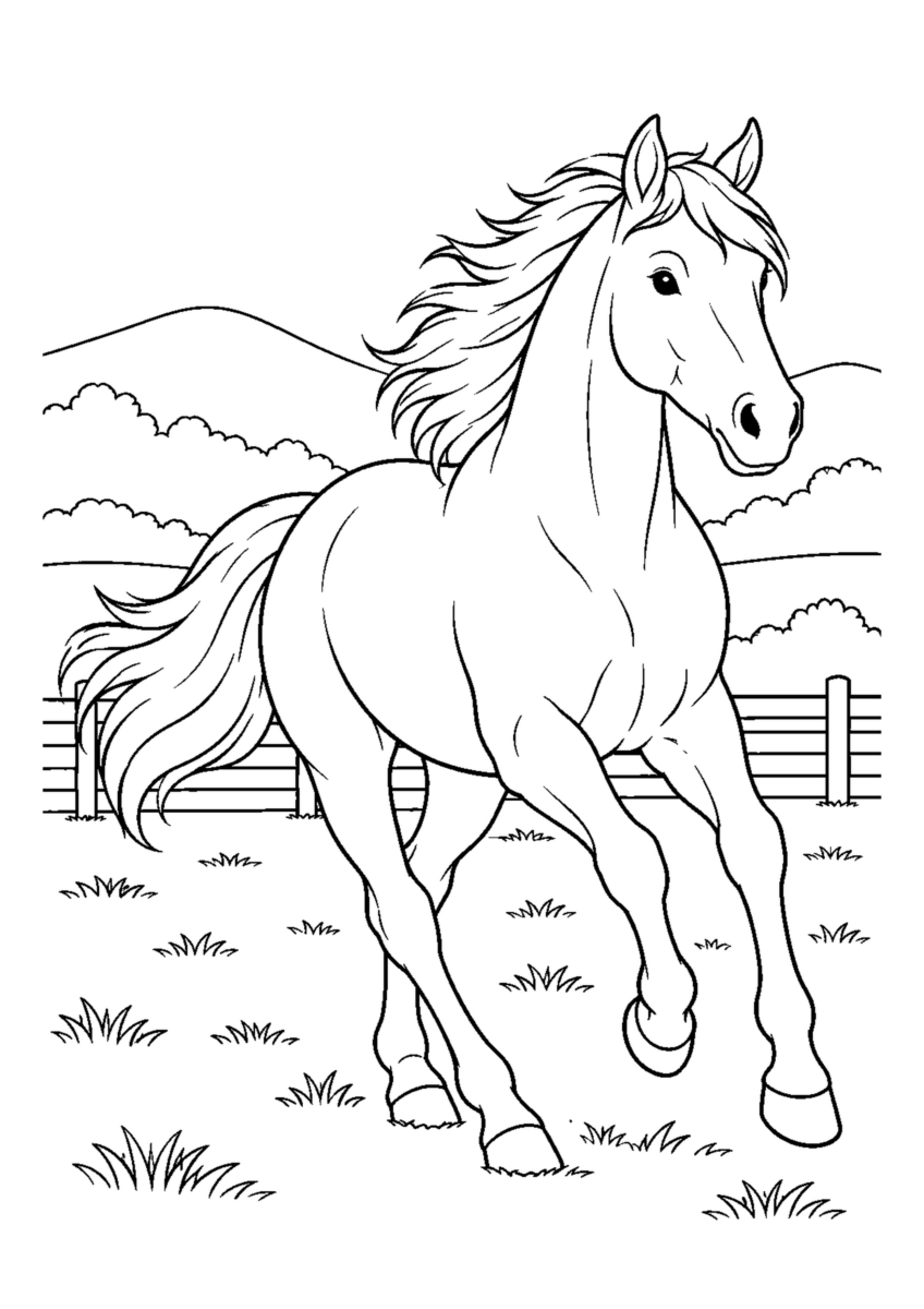 牧場を走る馬を大きく描いた高齢者向けの白黒塗り絵