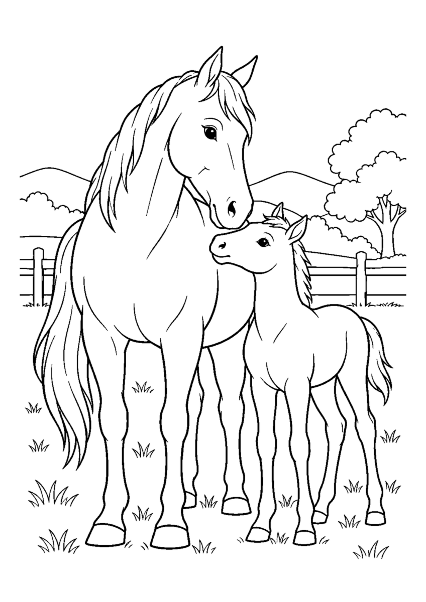 親馬と子馬を大きく描いた高齢者向けの白黒塗り絵