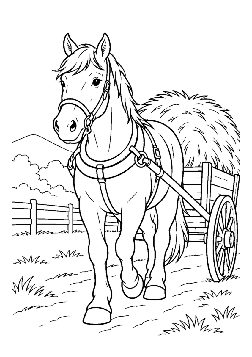 干し草を運ぶ働き馬を大きく描いた高齢者向けの白黒塗り絵