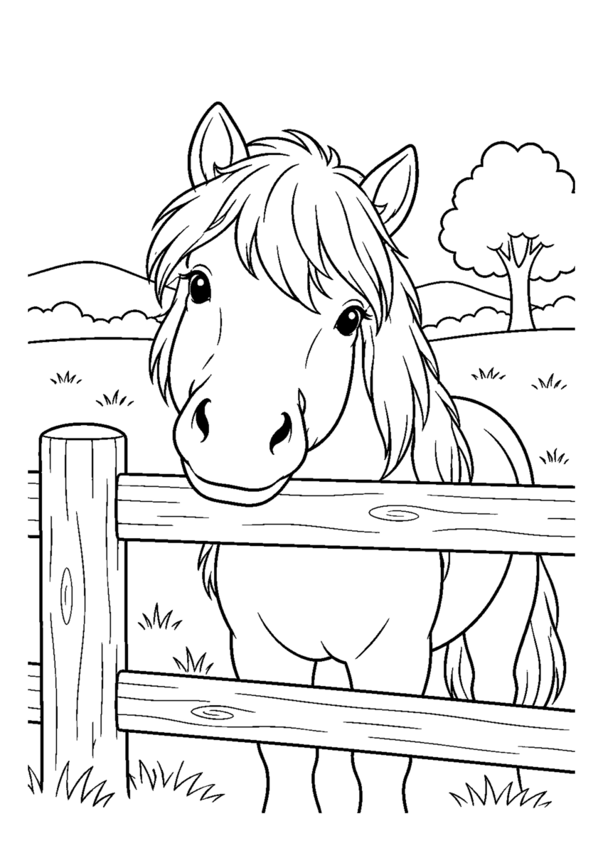 柵から顔を出すポニーを大きく描いた高齢者向けの白黒塗り絵