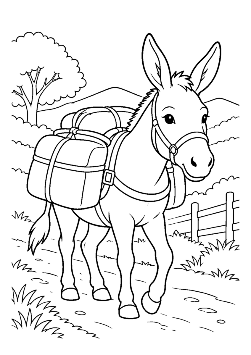 荷物を運ぶろばを大きく描いた高齢者向けの白黒塗り絵